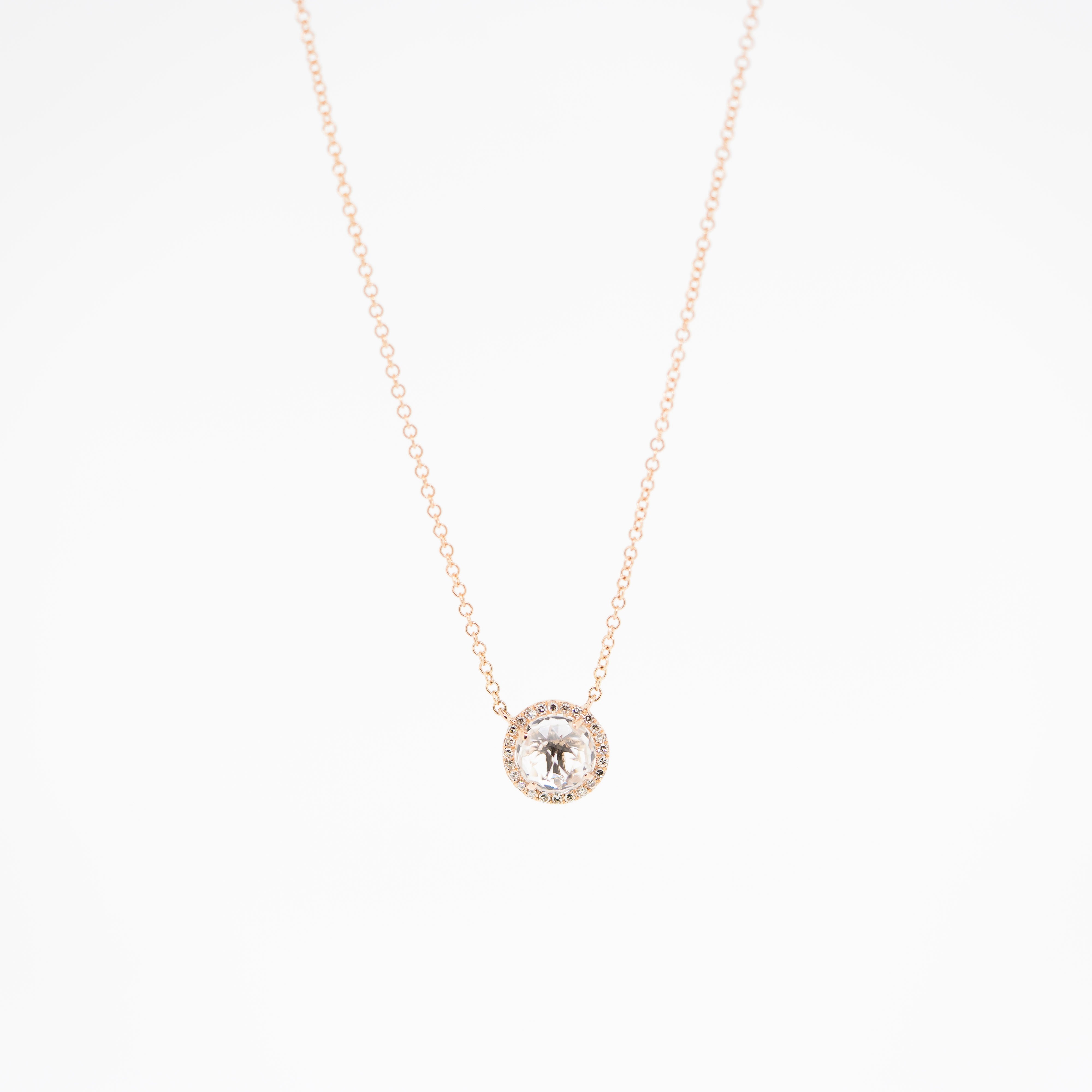 White Topaz Halo Necklace in Rose Gold